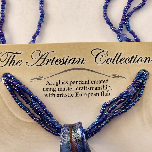 Art Glass Teardrop Pendant Necklace Artisan Beads Cord Curved Cap Statement - Picture 7 of 9